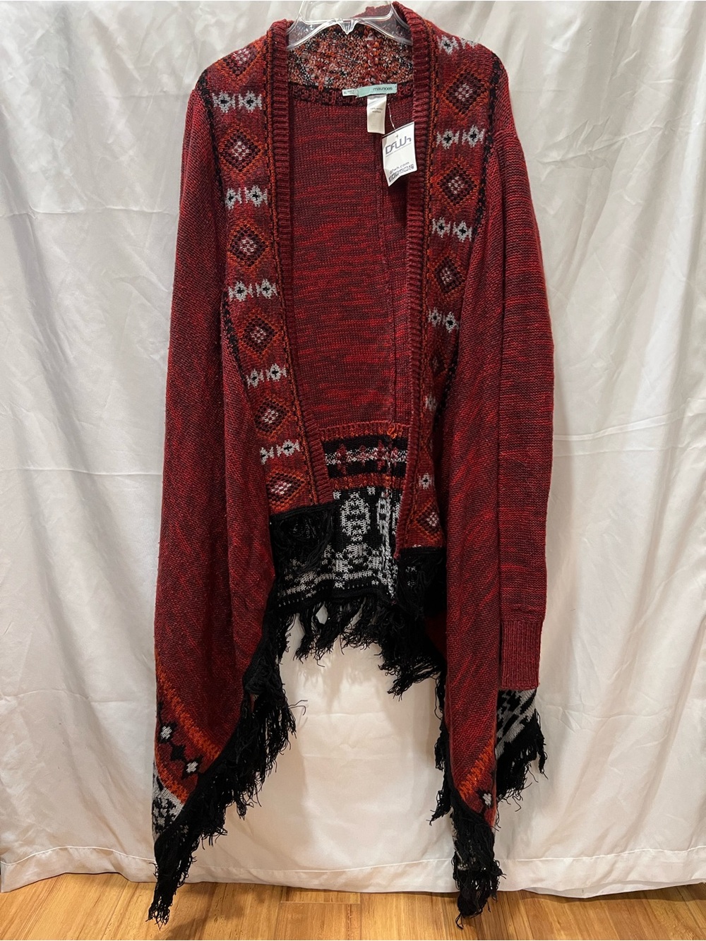 Maurices Red Aztec Open Fringe Cardigan